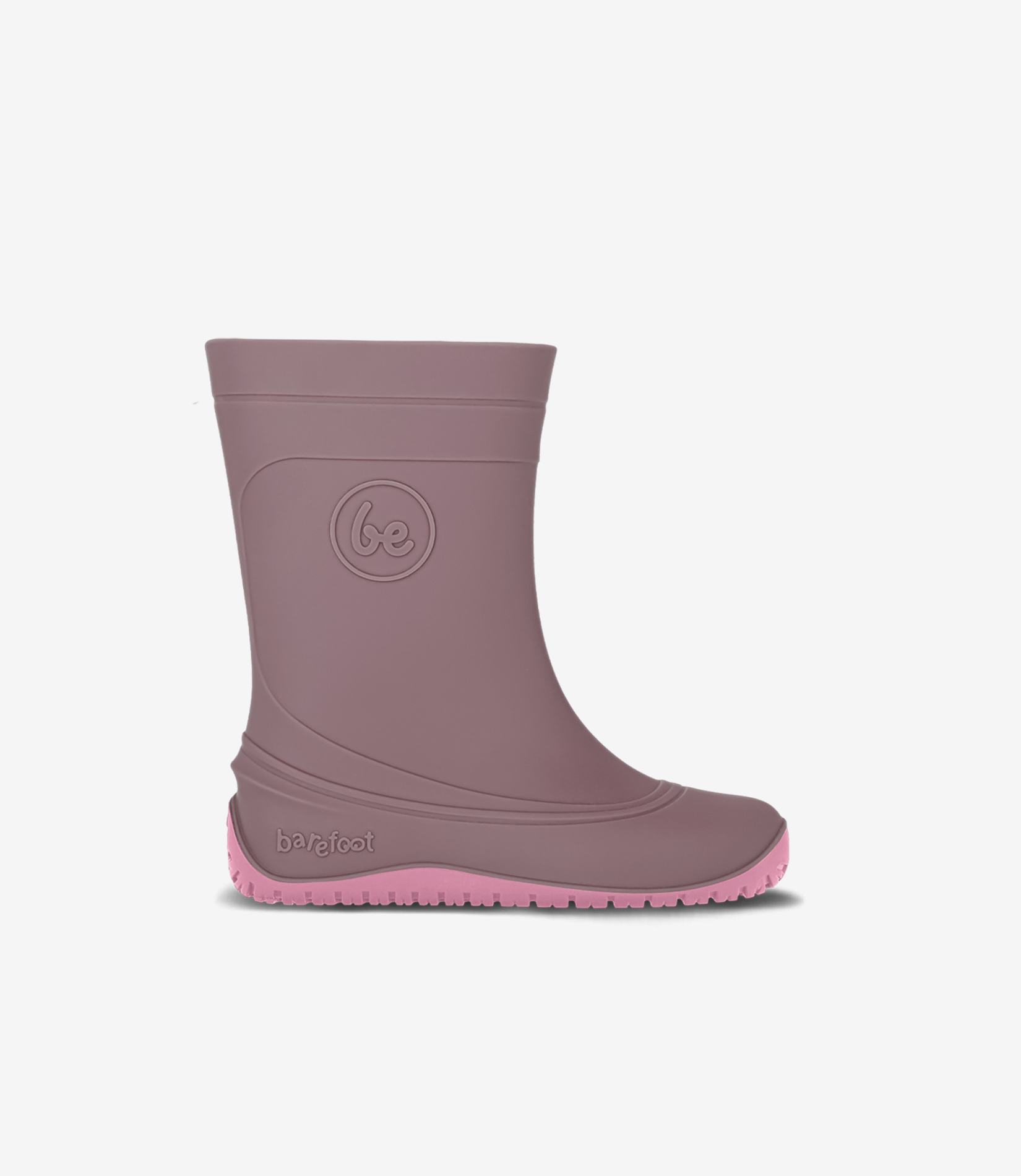 Mauve barfodsregnstøvle med lyserød sål, bred tåzone, gummimateriale, be-logo, minimalistisk sko til vådt vejr.