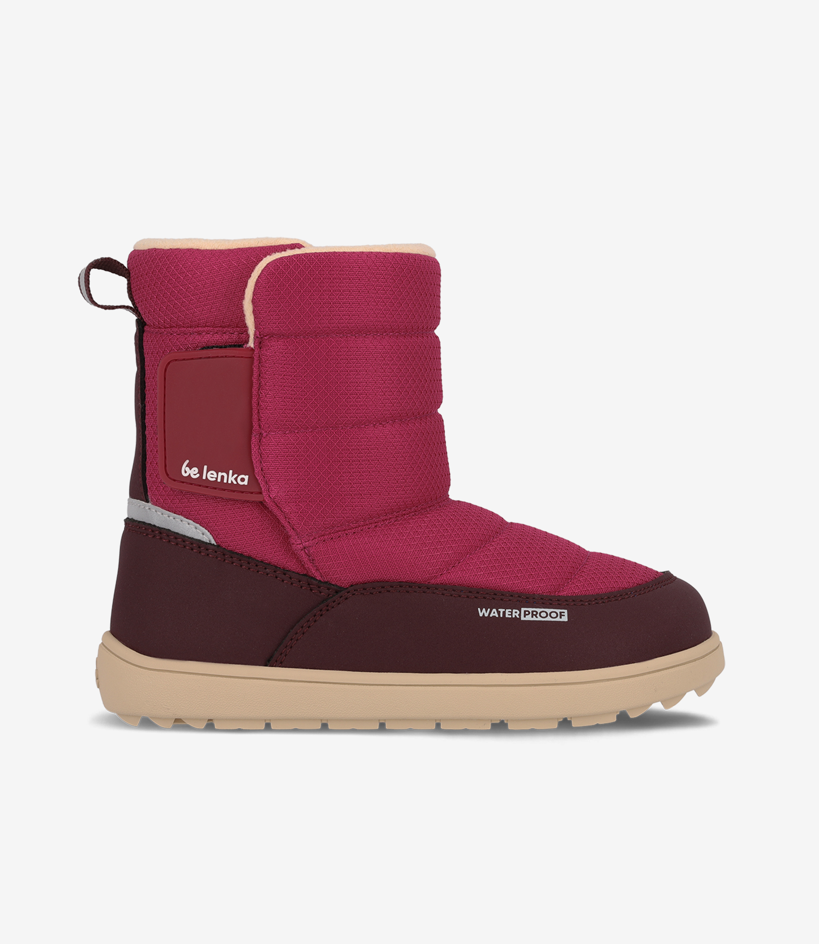 Barfodet vandtæt vinterstøvle til børn i pink og bordeaux, bred tåzone, quiltet overdel, beige sål, trækflig, Be Lenka-mærke.
