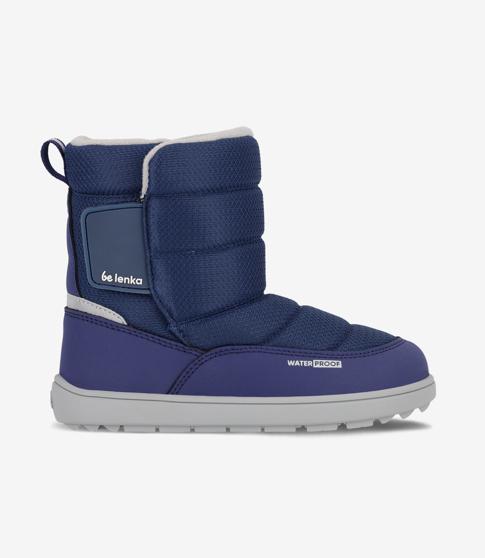 Marineblå barfodsvinterstøvle med bred tå, struktureret overdel, grå sål, hvidt for, vandtæt minimalistisk design.