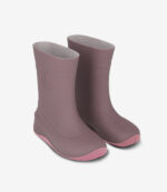 Mauve barfodsregnstøvler med lyserøde strukturerede såler, bred tåboks, minimalistisk gummidesign, fantastisk til vådt vejr.