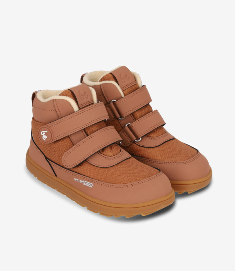 Brune barfodsstøvler til børn med velcroremme, vandtæt materiale, bred tåboks, børnevenlig gummisål, blødt for.