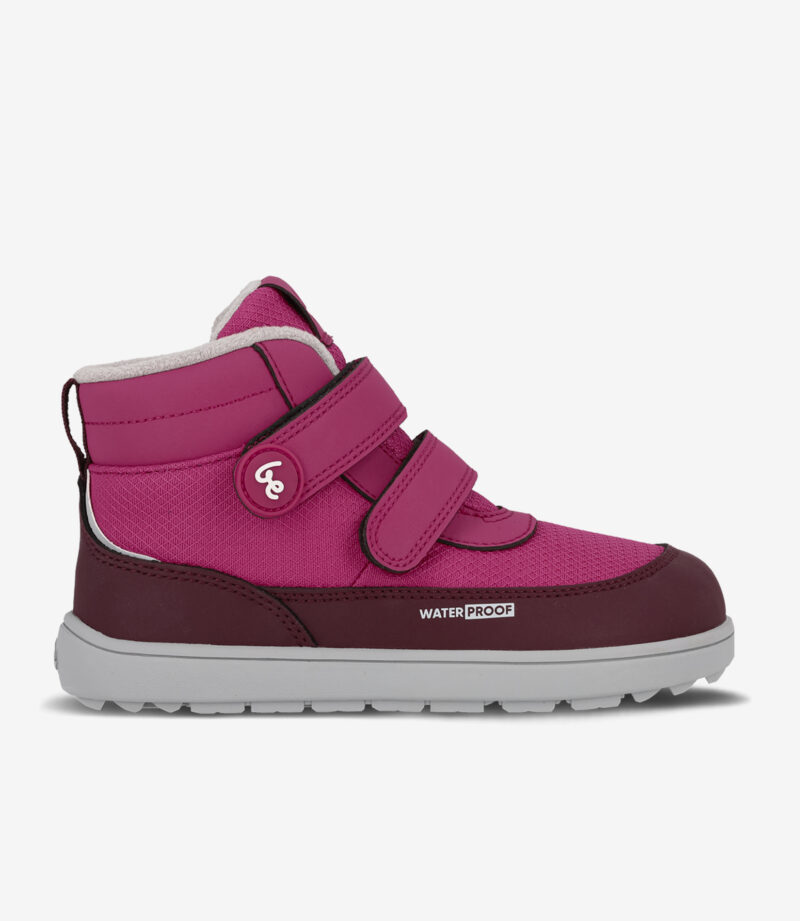 Pink og rødbrun barfodsstøvle til børn, vandtæt med velcroremme, imiteret pelsfor, bred tåzone, tyk grå sål.