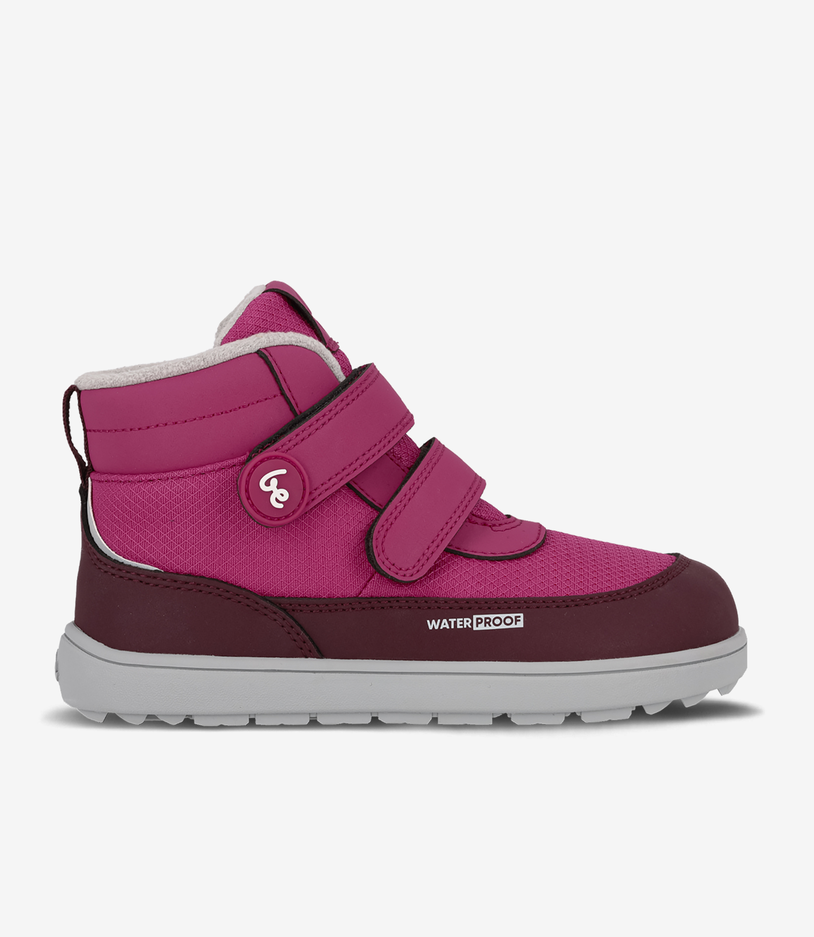 Pink og rødbrun barfodsstøvle til børn, vandtæt med velcroremme, imiteret pelsfor, bred tåzone, tyk grå sål.