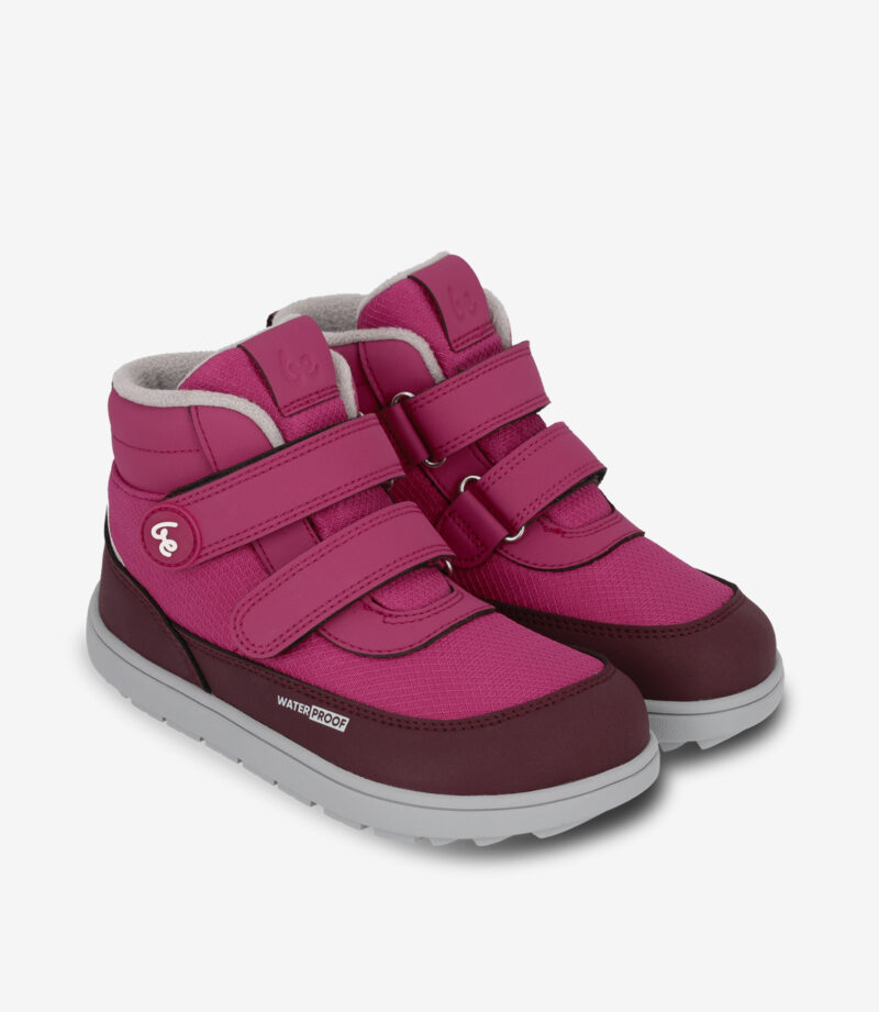 Lyserøde og bordeauxfarvede barfodssneakers med høj top, velcroremme, bred tåzone, vandtæt, minimalistisk grå sål.