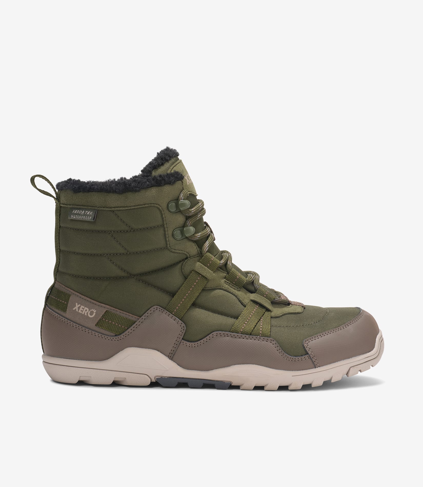 Xero Alpine Men Army Green barfodsvandrestøvle med bred tåboks, beige sål, sort fleecefor, robust snørebånd, udendørs.