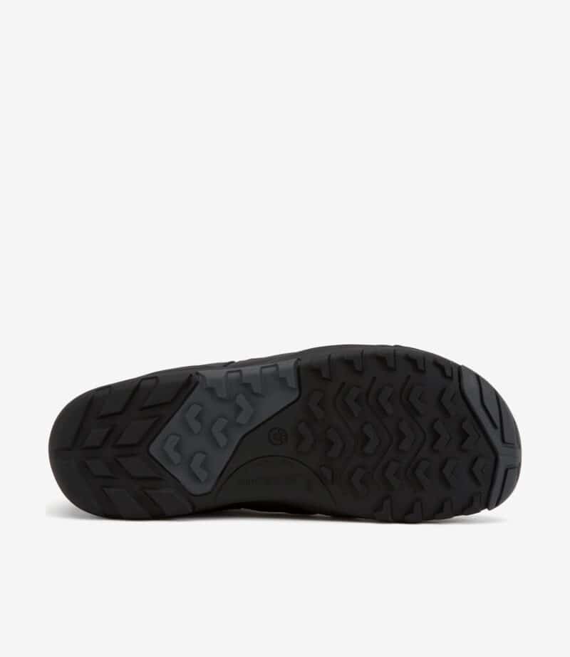 Sort gummisål på Xero Alpine Men Army Green barfodssko, robust slidbane for greb, bred tåboks minimalistiske sneakers.