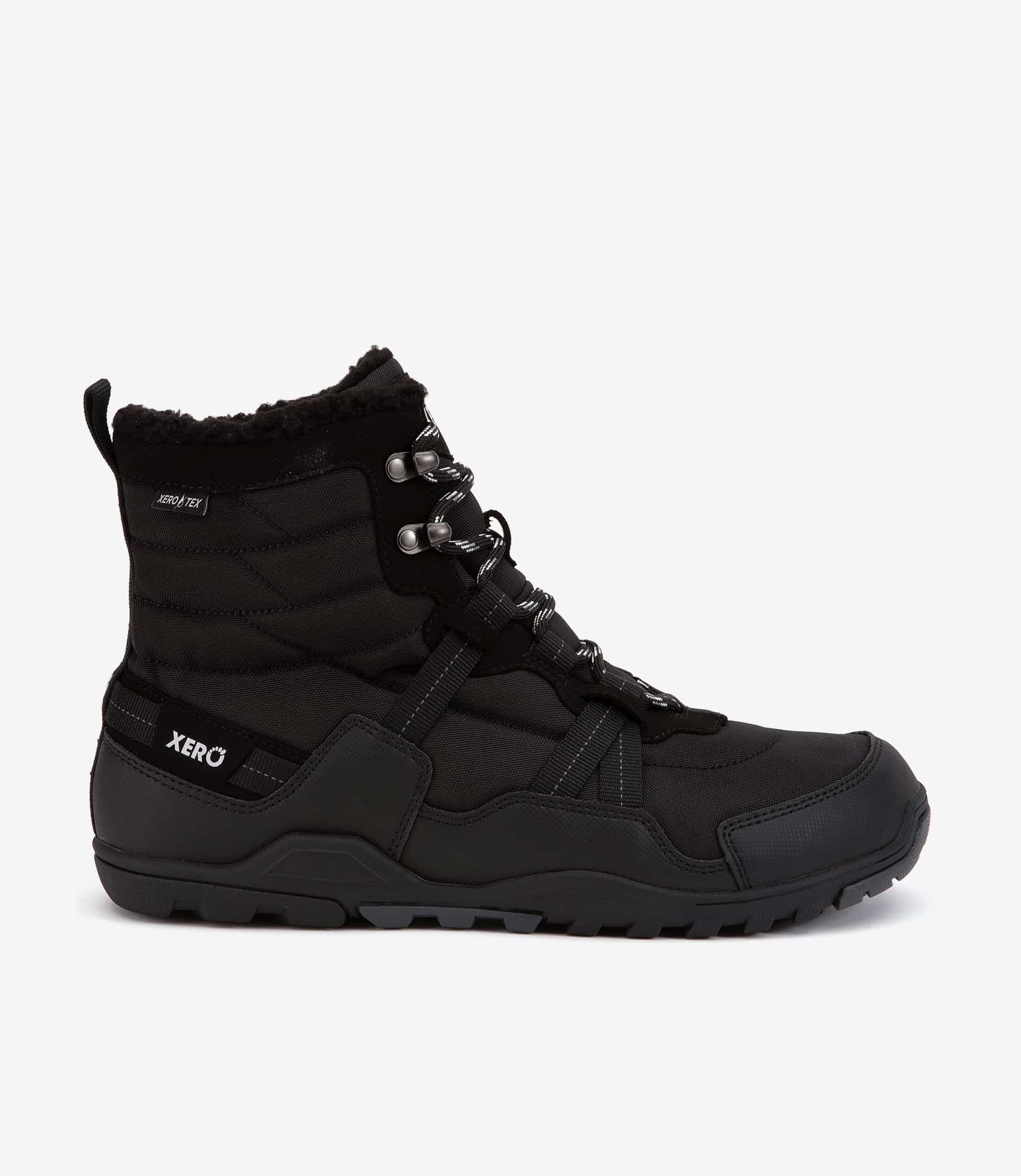Armygrøn Xero Alpine barfodsstøvle til mænd, høj top, bred tåboks, robust slidbane, ankelfor i imiteret pels, minimalistisk design.