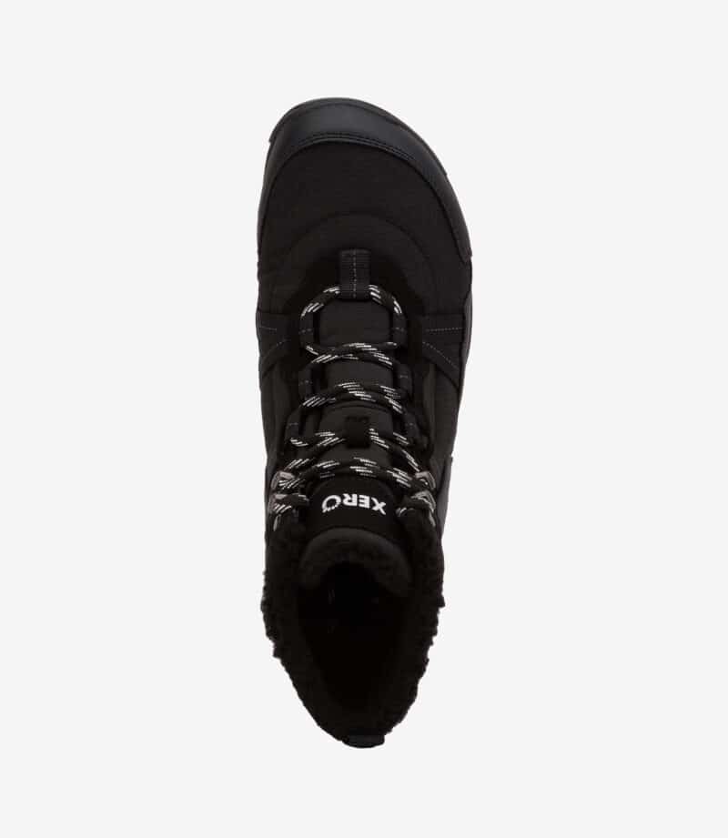 Xero Alpine Men Army Green barfodsvinterstøvle med bred tå, fleeceforing, gråhvide snørebånd, XERO Shoes-logo på tungen.