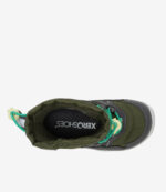 Xero Alpine sort barfodssneaker til kvinder, blågrønne snørebånd, gule hæl-/tungestropper, bred tåboks, minimalistisk design på hvid.