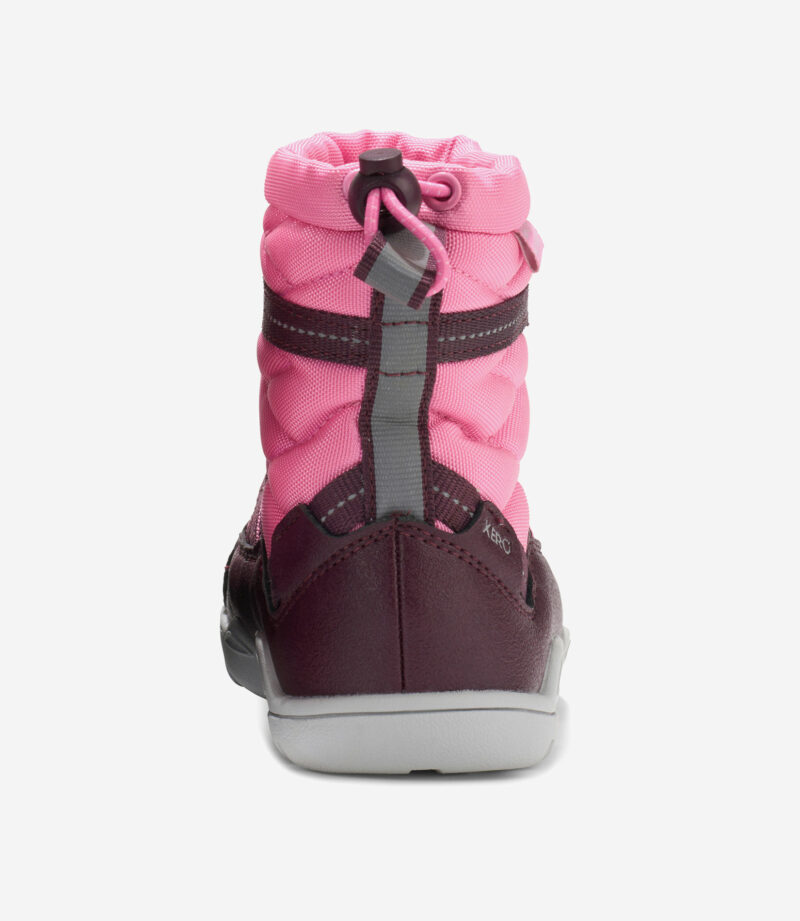 Xero Alpine barfodsstøvle til kvinder, sort med pink polstret overdel, mørklilla underdel, grå detaljer, bred tåboks, lysegrå sål.