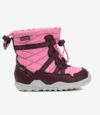 Vandtæt barfodsstøvle til børn i pink, rødbrun og sort med bred tå, robust sål og elastiske snørebånd; minimalistisk udendørs stil.