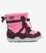 Vandtæt barfodsstøvle til børn i pink, rødbrun og sort med bred tå, robust sål og elastiske snørebånd; minimalistisk udendørs stil.