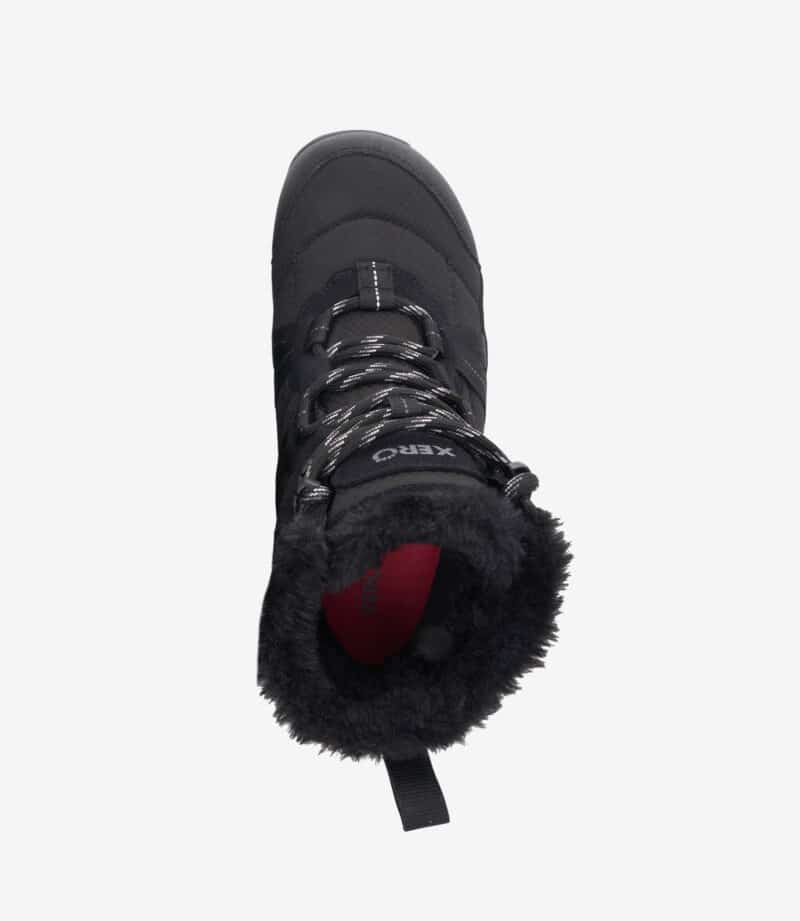 Xero Alpine Men Sort barfodsstøvle med grå snørebånd, imiteret pelsfor, bred tåzone, "XTRC"-tunge, rød inderside.
